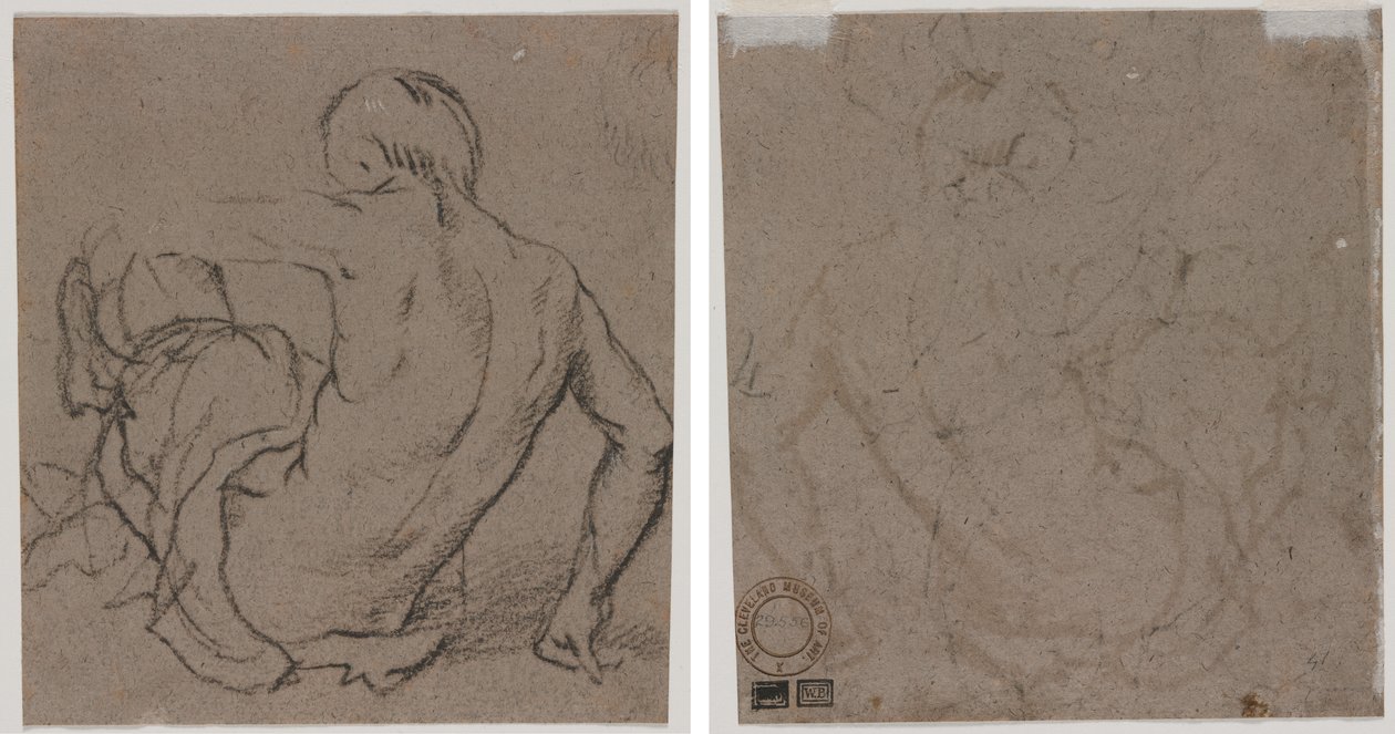 Mann, der auf dem Boden sitzt, von hinten gesehen (recto); Skizze (verso) von Unknown artist