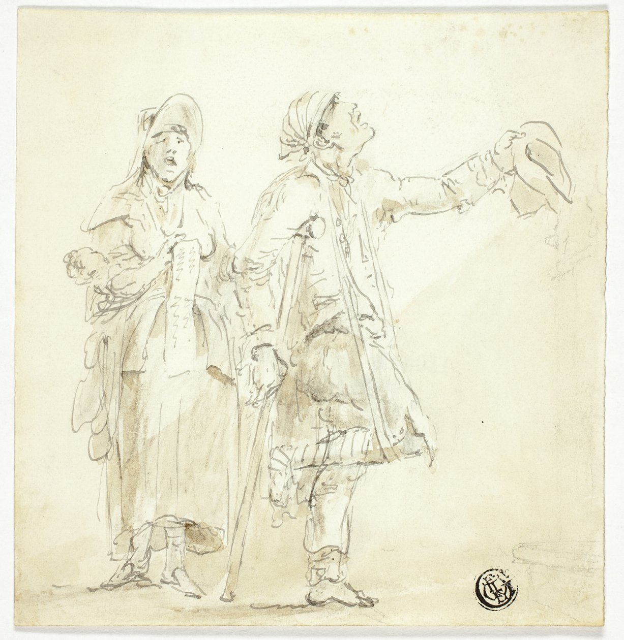 Bettler auf Krücken, mit Frau, die singt und ein Baby hält von Unknown artist