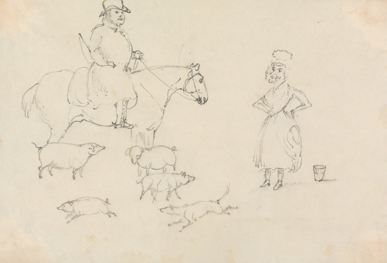 Mann auf Pferd mit Schweinen von Unknown artist