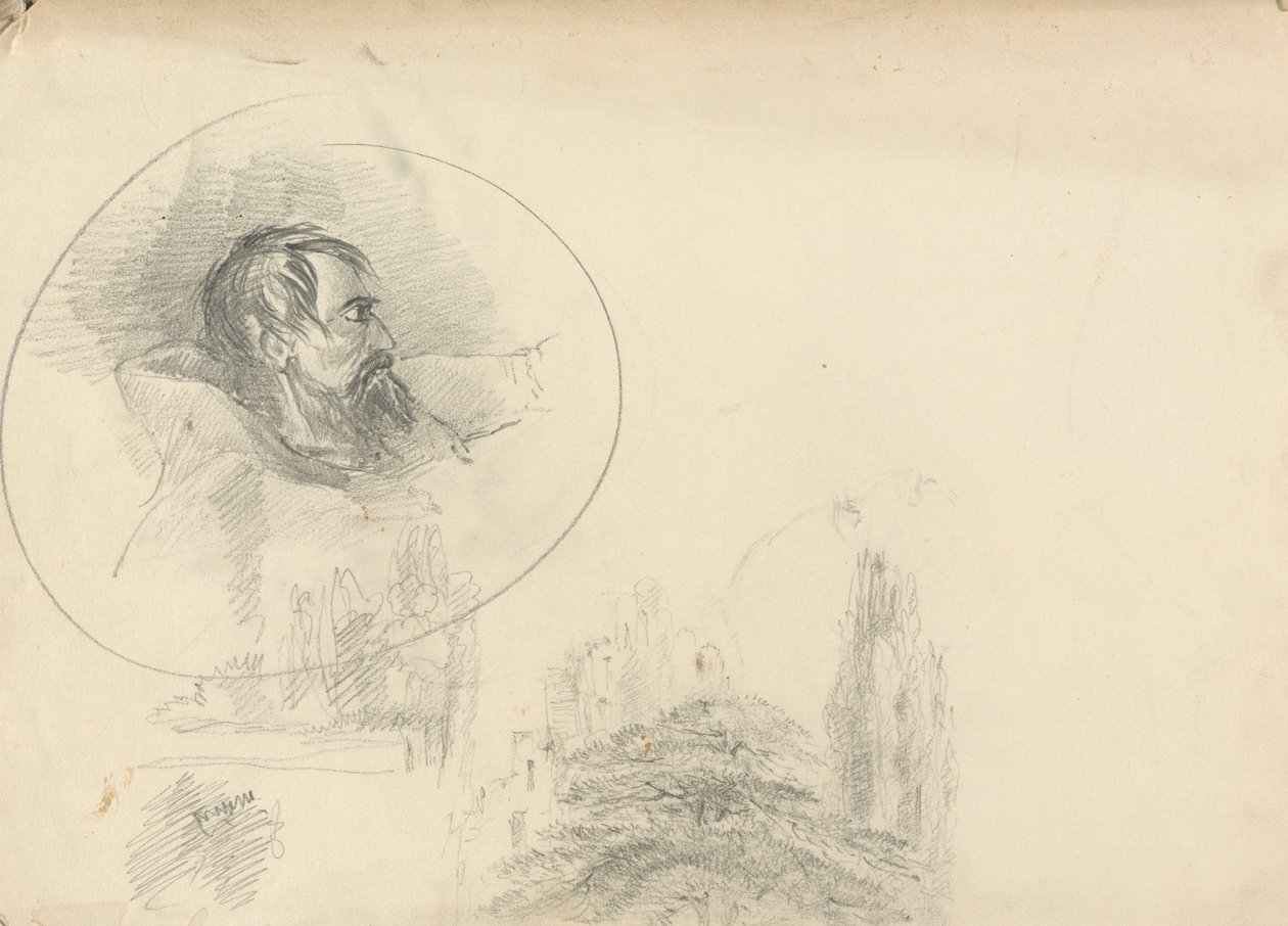 Mann mit Kapuze und Landschaft von Unknown artist