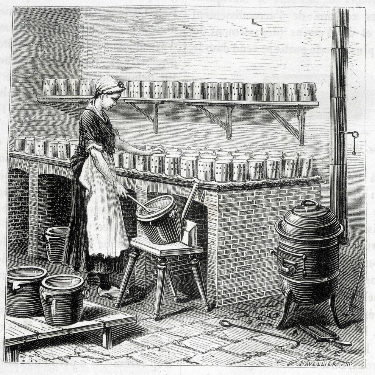 Herstellung von Camembert-Käse (Quark wird in Formen gegossen) - in „Die Wunder der Industrie“ von Louis Figuier von Unknown artist