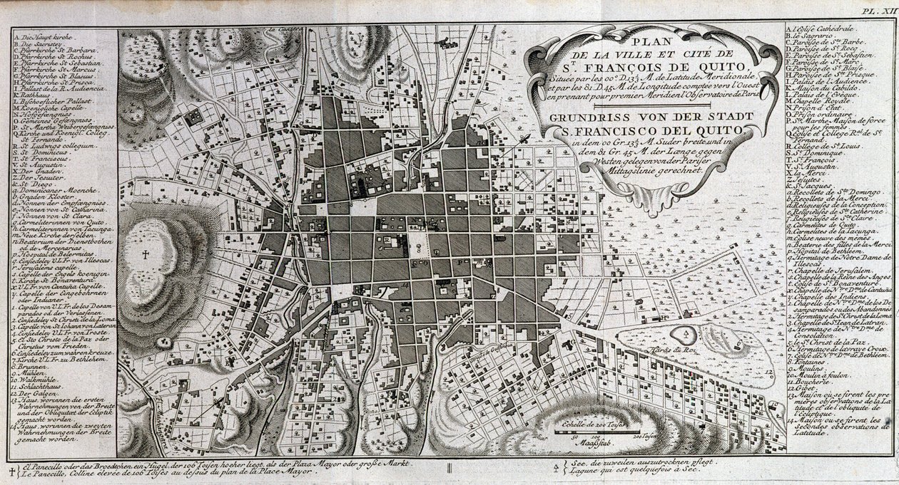 Karte der Stadt und Stadt St. François de Quito - in „Historische Reise durch Südamerika im Auftrag des Königs von Spanien von Don George Juan und Don Antoine de Ulloa“, T.1, bei C.A. Jombert, Librairie du Roi, Paris von Unknown artist