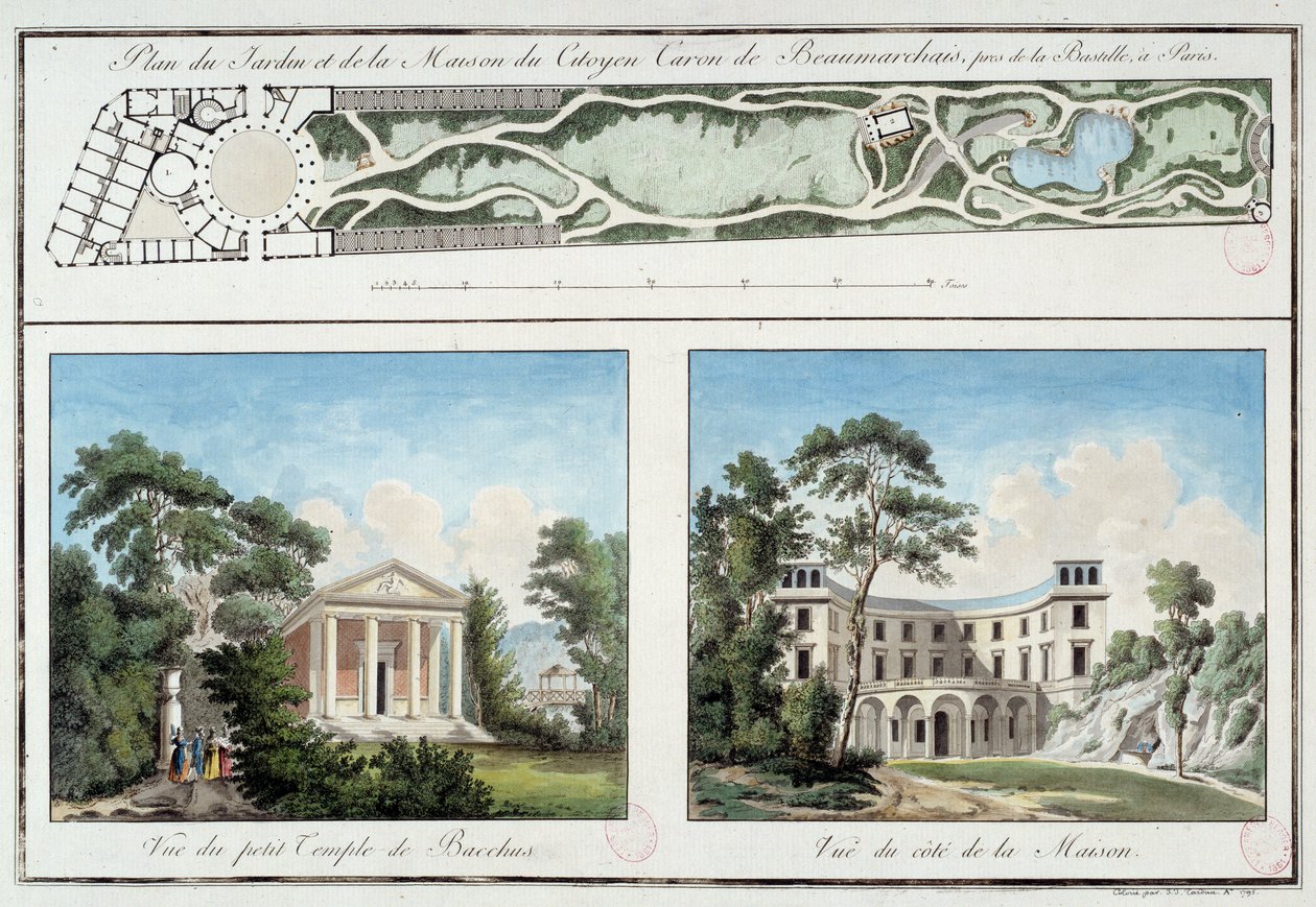 Karte des Gartens und Hauses des französischen Schriftstellers und Dramatikers Pierre Augustin Caron de Beaumarchais (1732-1799) am heutigen Boulevard Beaumarchais in Paris. Gravur um 1795. Paris, Musée Carnavalet von Unknown artist