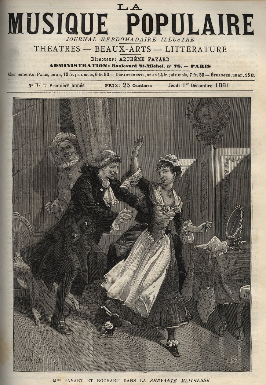 Marie Justine Benoite Duronceray, genannt Madame Favart, und Rochart in der „Servante Maitresse“ (Serva padrona) von Pergolese (Giovanni Battista Pergolesi) - Gravur in „Popular Music“ illustriertes Wochenblatt - 1882 von Unknown artist