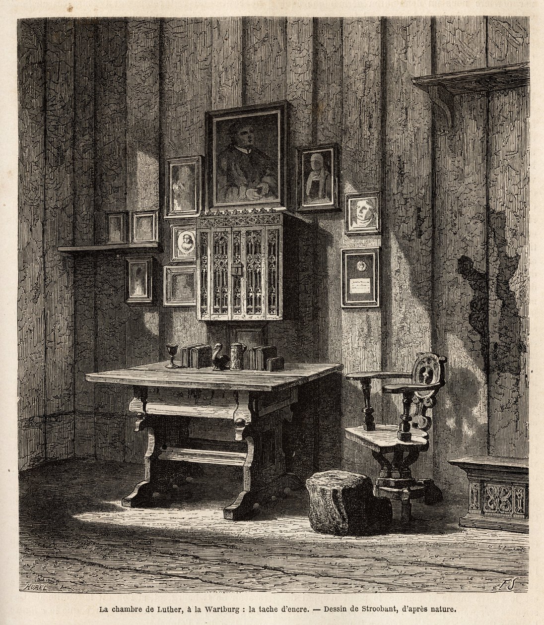 Martin Luthers Zimmer (1483-1546) auf der Wartburg, wo er nach seiner Exkommunikation im Jahr 1521 Zuflucht fand, mit seinem Porträt und denen seiner Eltern über dem Schreibtisch, unter deren Augen er die Bibel ins Deutsche übersetzte und seine berühmteste von Unknown artist