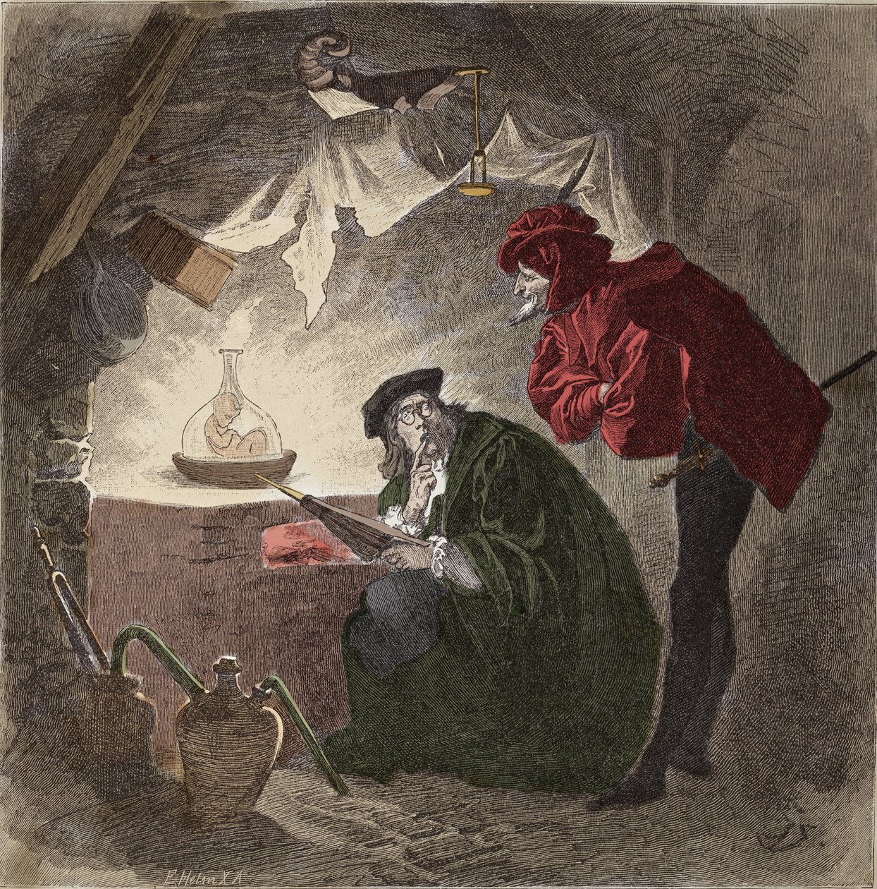 Mephistopheles (Mephisto) eine Faust-Illustration aus „Faust“ von Johann Wolfgang von Goethe (1749-1832) (Illustration für „Faust“ von Goethe) Gravur von Unknown artist