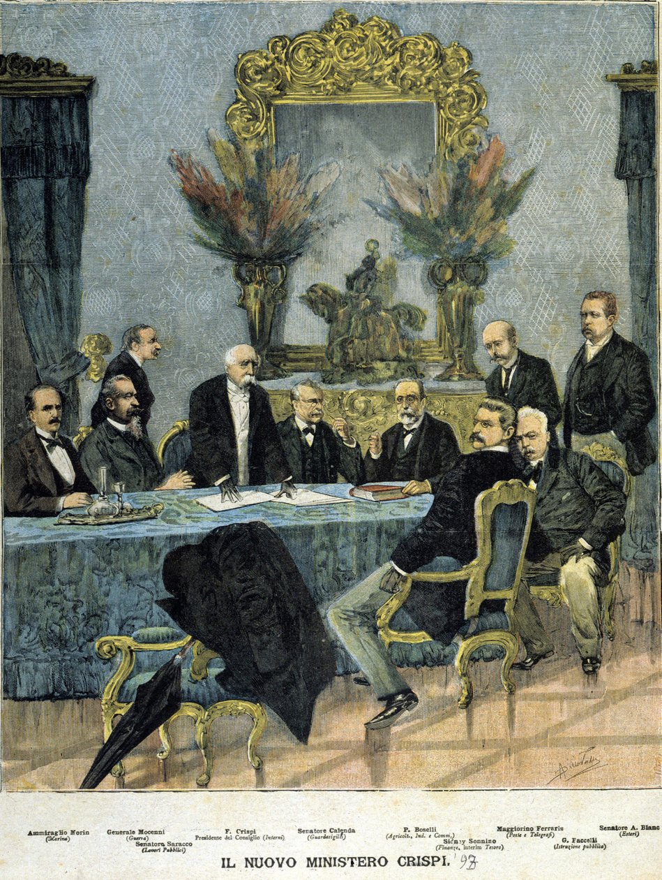 Minister der neuen „Crispi“-Regierung: von links nach rechts Admiral Morin, General Mocenni, Francesco Crispi, Senator Calenda, P. Boselli, Sidney Sonnino, Maggiorino Ferraris, G. Faccelli und Senator A. Blanc von Unknown artist