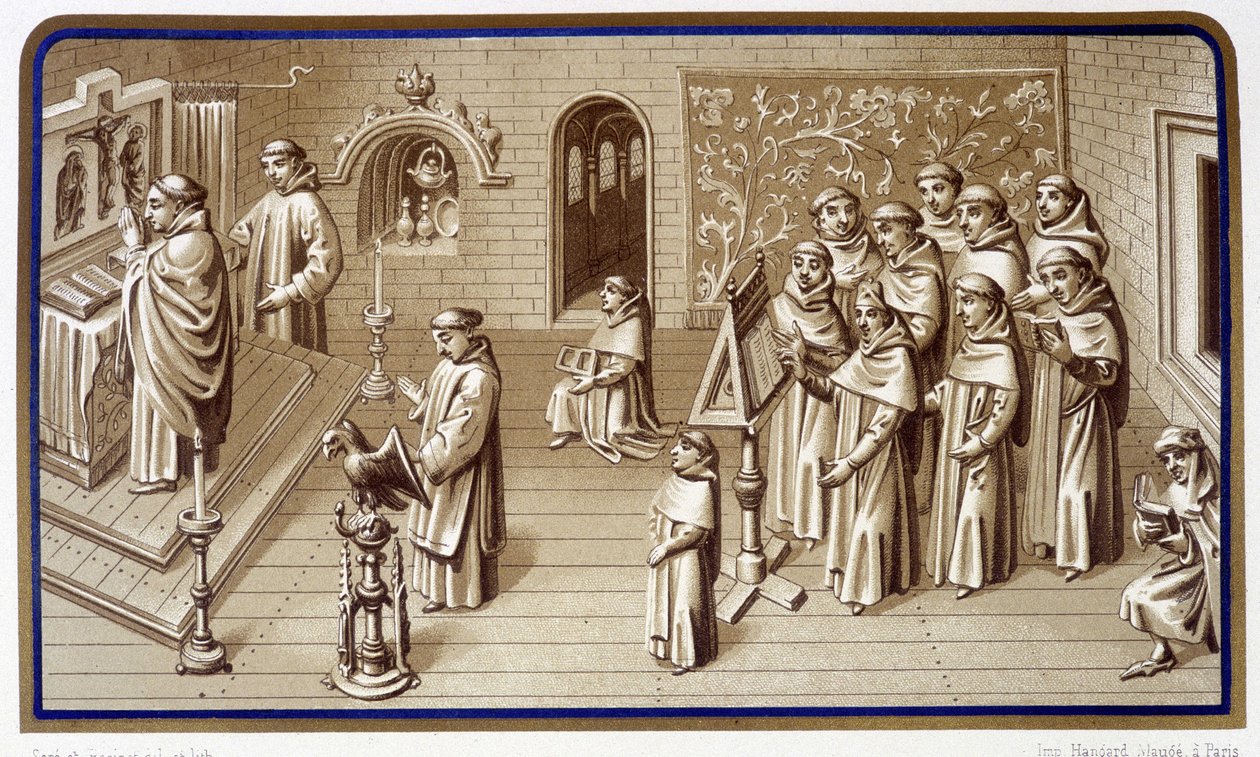 Mönche in einer Kapelle des Klosters: Gebet und Chor. Grisaille der Wunder Unserer Lieben Frau. Chromolithographie. 19. Jahrhundert von Unknown artist