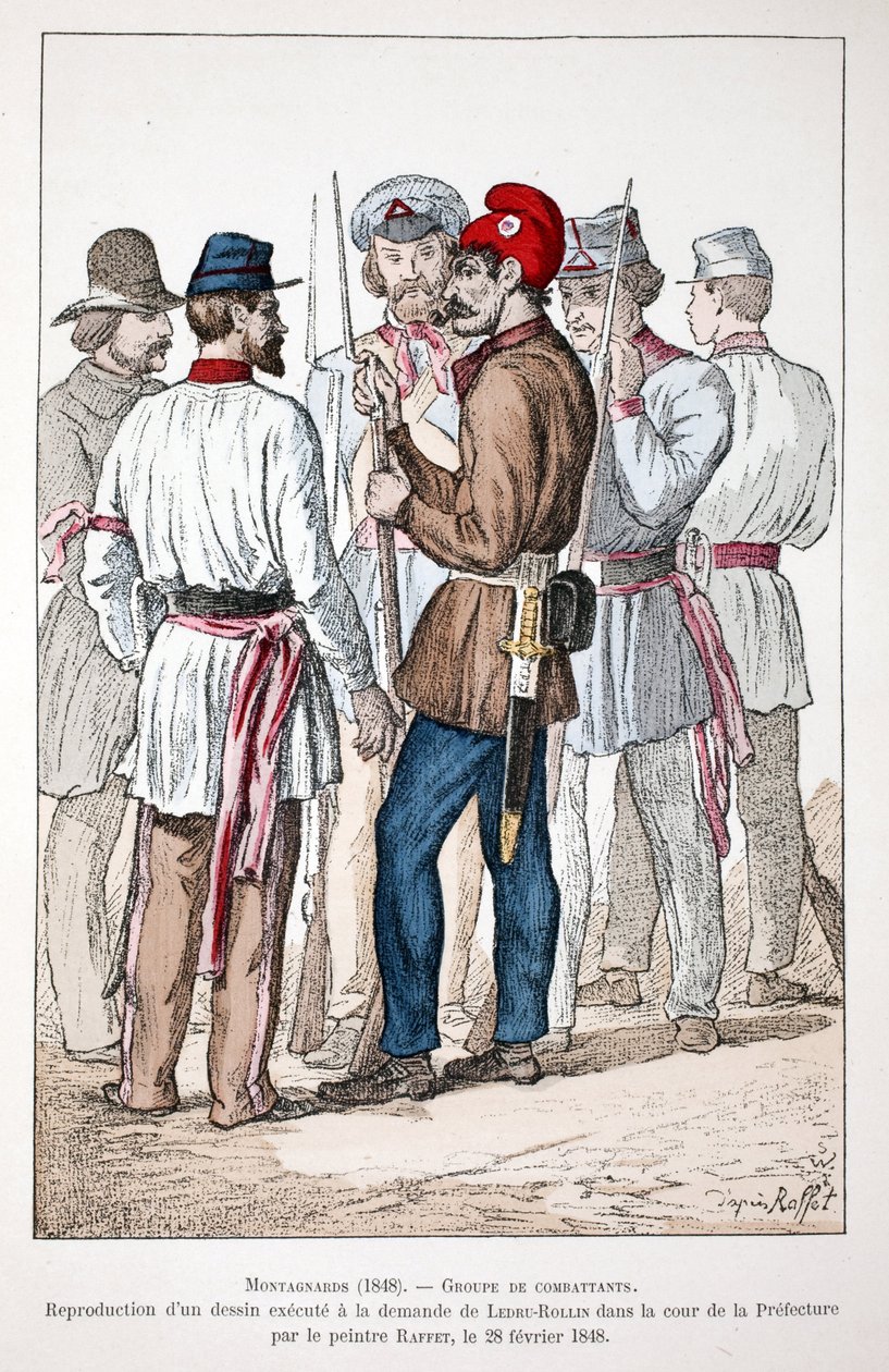 Bergbewohner (1848), eine Gruppe von Kämpfern, von denen einer die phrygische Mütze und die revolutionäre Kokarde trägt. Farbradierung, Reproduktion einer Zeichnung, die auf Wunsch von Alexandre Ledru-Rollin (Ledru Rollin) (1807-1874) im Hof des Justizpala von Unknown artist
