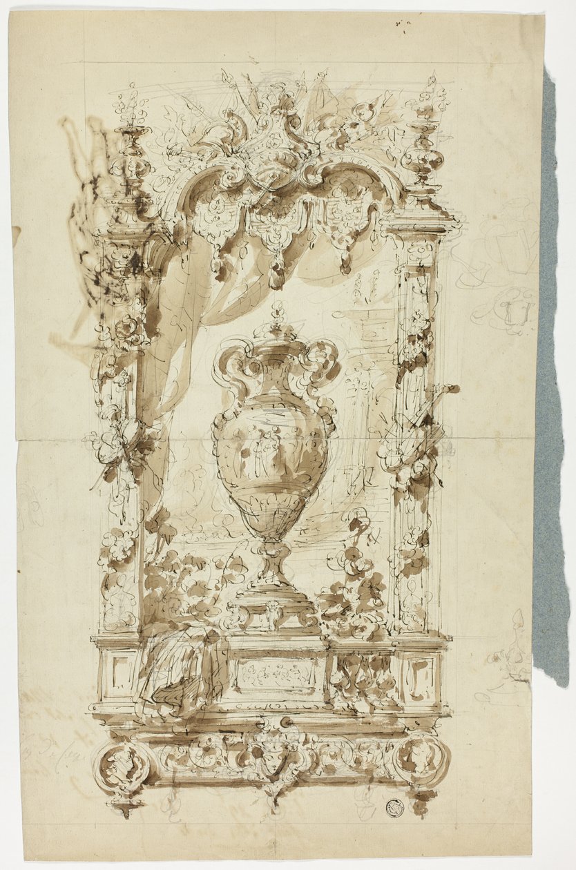 Monumentale Vase in Zierrahmen (recto); Skizze eines stehenden Mannes mit Sonnenschirm und Papagei, und Architekturstudien (verso) von Unknown artist