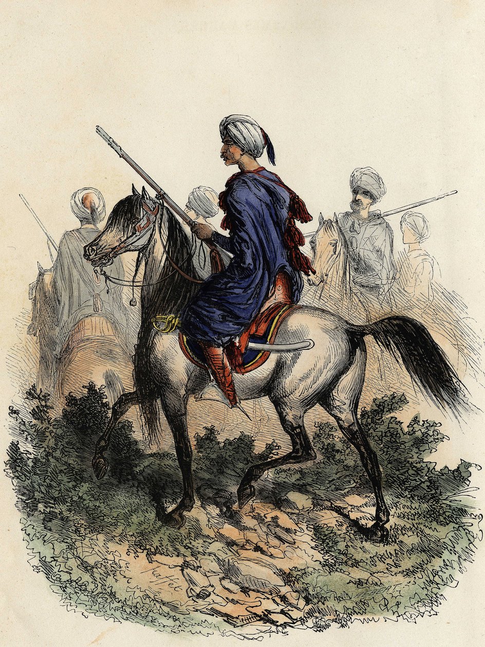Maurische Gendarmen (oder Feldwächter), verantwortlich für die ländliche Polizei von Algier, ausgebildet 1831. in „L