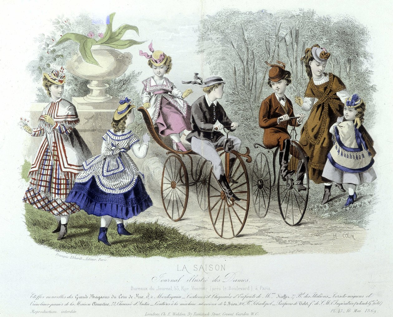 Mütter, Kinder und Fahrräder im Kindergarten (Kinderkleidung) - in „Le journal illustré des dames“ von Unknown artist