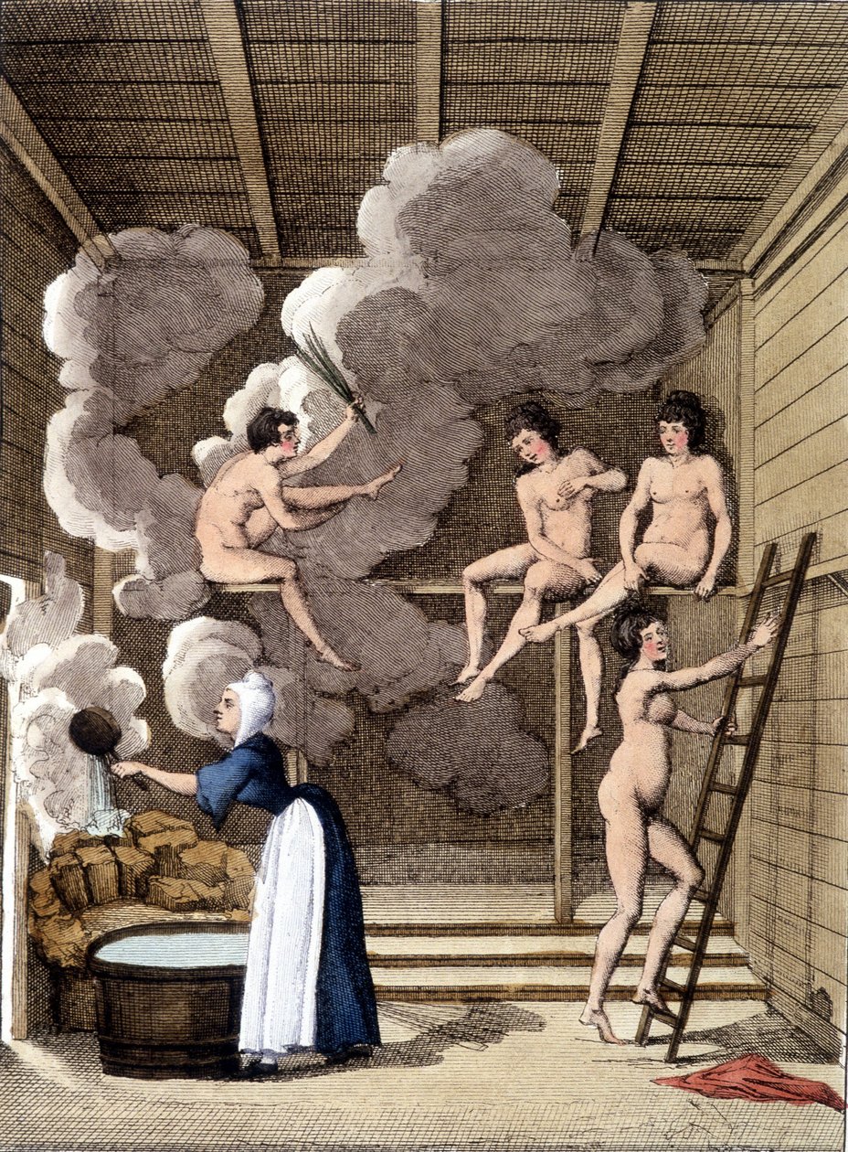 Nackte Figuren in einer finnischen Sauna. Gravur von 1811, beinhaltet ein Buch über die Reise. von Unknown artist