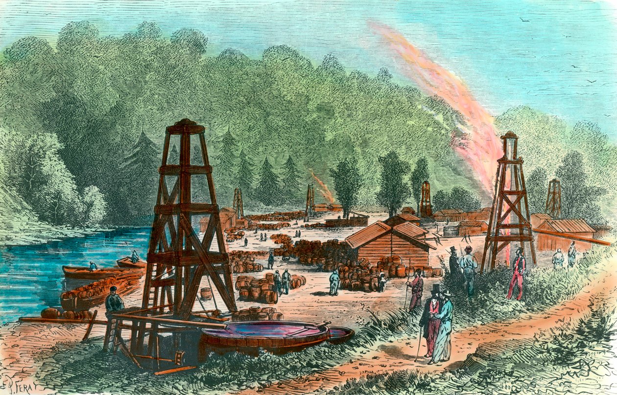Ölquellen bei Tarr Farm in Pennsylvania, USA. Gravur des 19. Jahrhunderts von Unknown artist