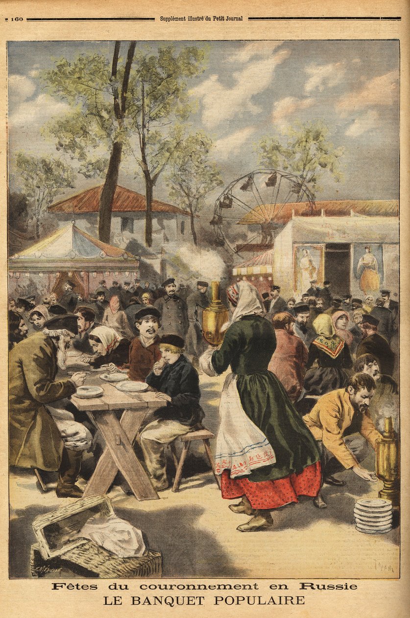 Anlässlich der Krönung von Zar Nikolaus II. wird auf dem Khodinskoie-Übungsfeld in Moskau ein Volksbankett für 500.000 Russen angeboten, dem Theateraufführungen vorausgehen. Gravur in „Le petit journal“ 17/05/1896. Sammlung Selva. von Unknown artist