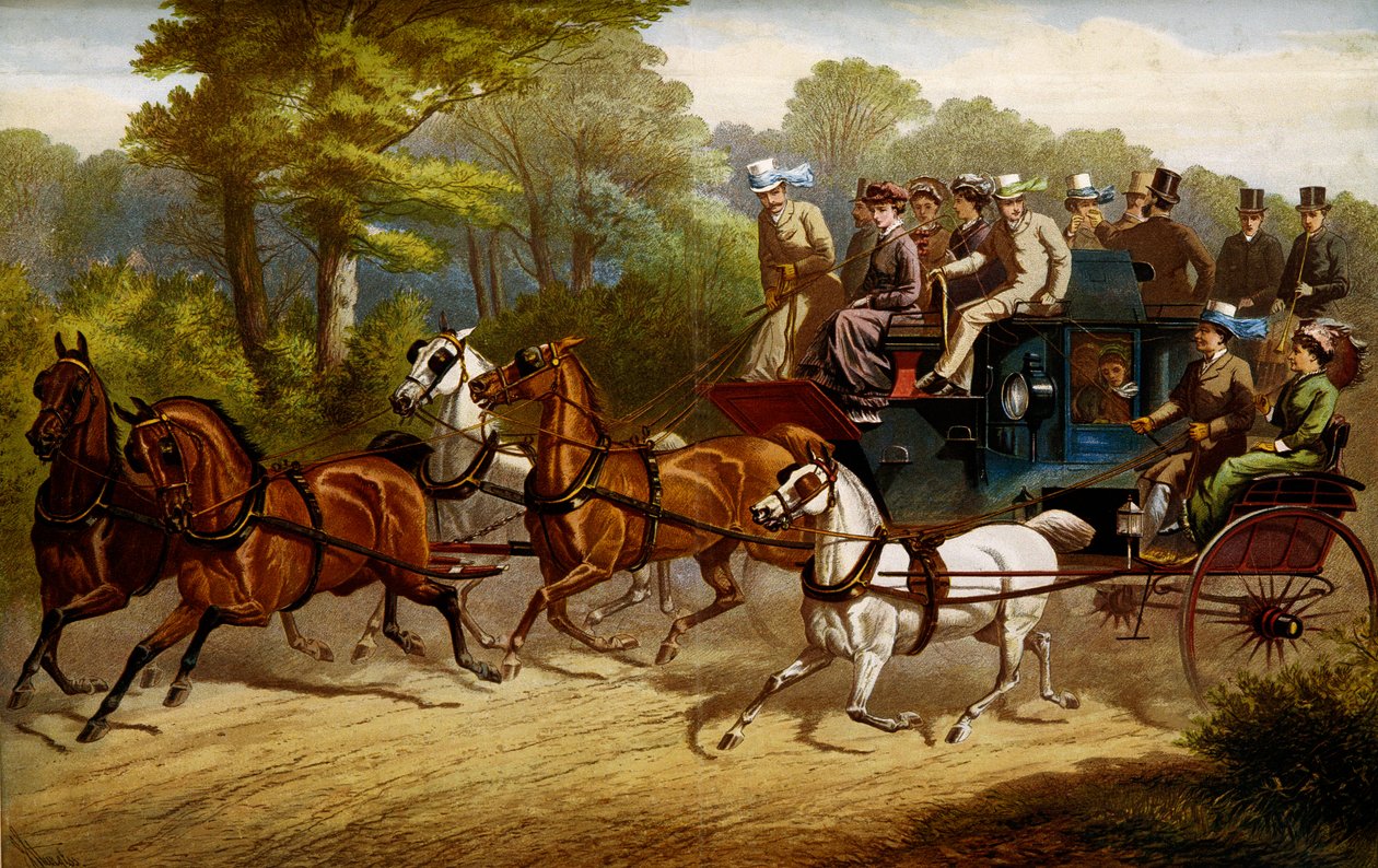 Auf dem Weg zum Derby. Fiaker und Omnibus, gezogen von Pferden, auf dem Weg zu einem Derby von Unknown artist