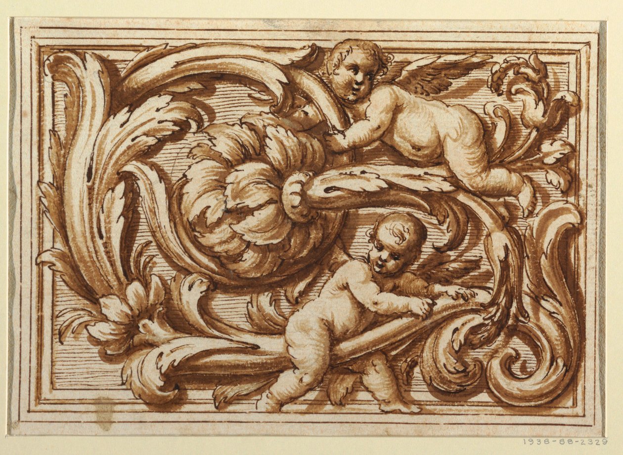 Eines von mehreren Entwürfen für eine Titelseite und Dekoration eines horizontalen Panels von Unknown artist