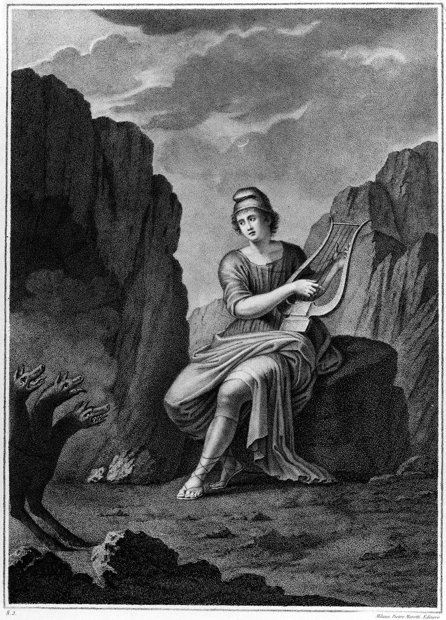 Orpheus am Eingang zur Unterwelt trifft Cerberus. Lithografie. 19. Jahrhundert von Unknown artist