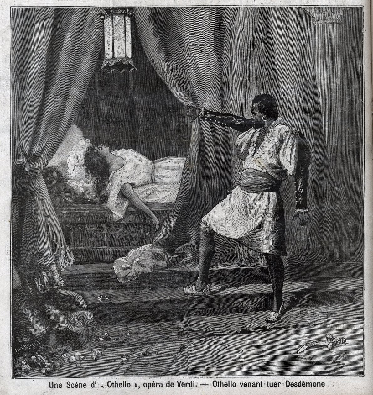 Othello hat gerade Desdemona in seinem Bett getötet. Szene aus der Oper „Othello“ von Giuseppe Verdi (1813-1901). Gravur in „Le Parisien“ von Unknown artist