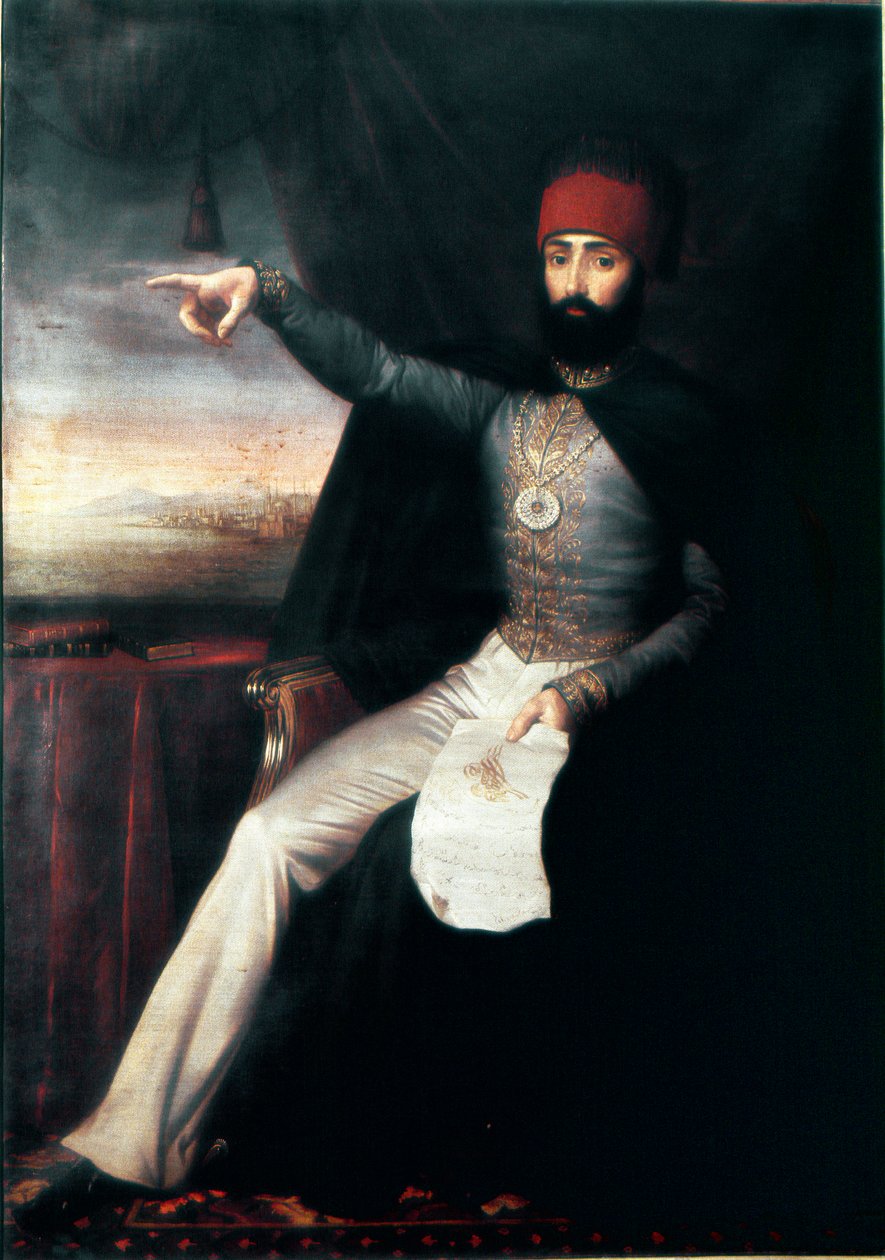Osmanisches Reich: Porträt von Sultan Mahmud II (1784-1839). Es ist repräsentativ, dass er mit dem Finger zeigt, möglicherweise um den Befehl zur Schlachtung der Janitscharen anzuzeigen. Anonymes Ölgemälde. 1808-1839 Istanbul, Topkapi Sarayi Museum, Türkei von Unknown artist