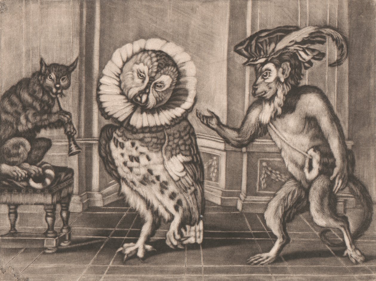 Eule, Affe und Katze aus Mezzotintoes von Smith, Bd. III von Unknown artist