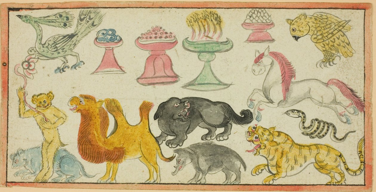 Seite aus einem Manuskript mit Bildern von glücksverheißenden Tieren und Opfergaben von Unknown artist
