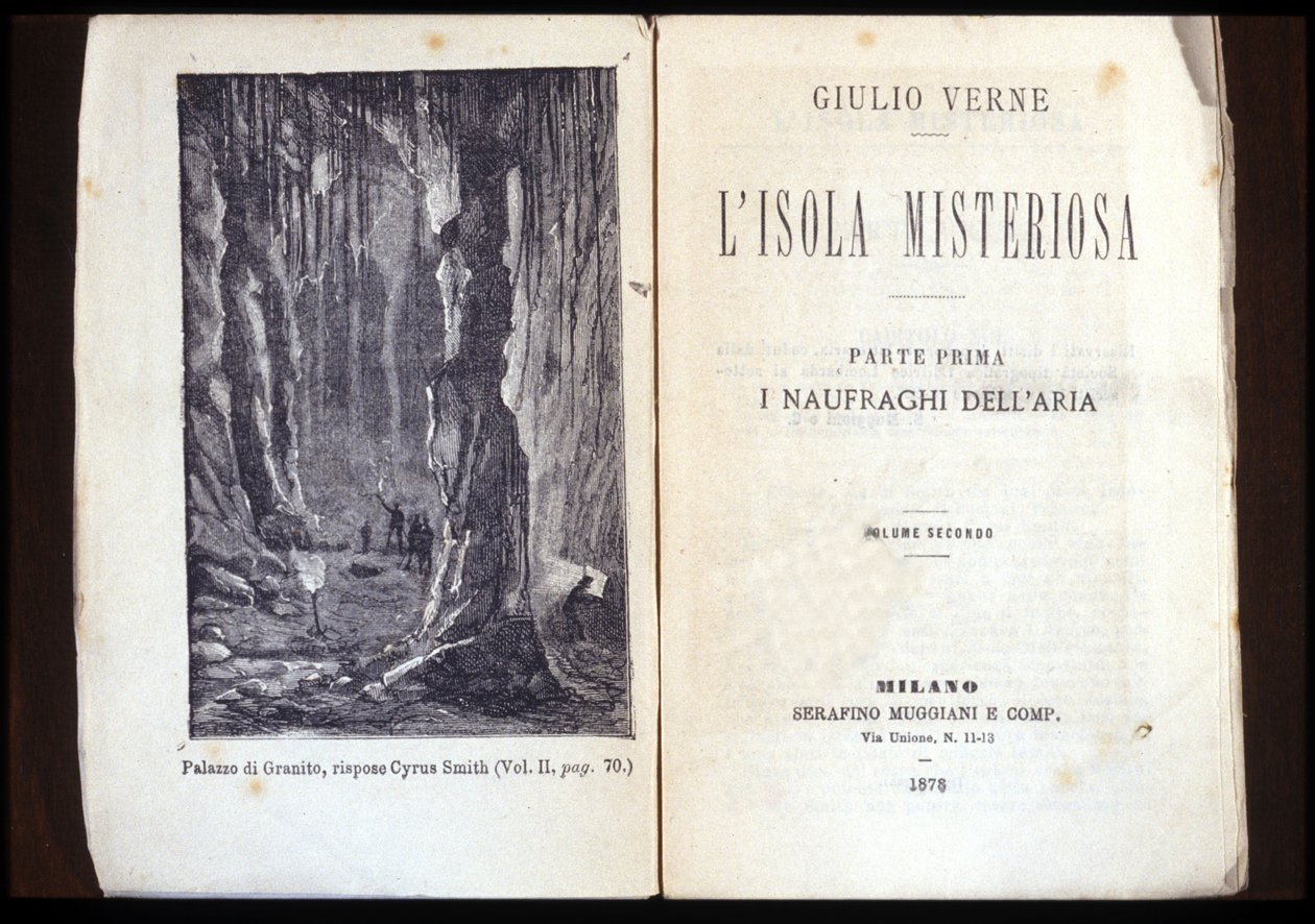 Seite einer italienischen Ausgabe von „Die geheimnisvolle Insel“ von Jules Verne. 1878. Mailand von Unknown artist
