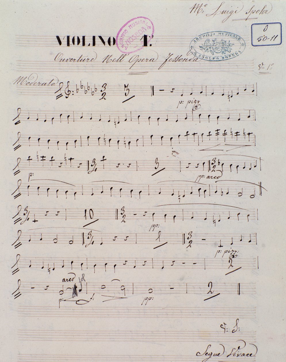 Seite der Partitur für die erste Violine in der Ouvertüre der Oper Jessonda von Louis Spohr von Unknown artist