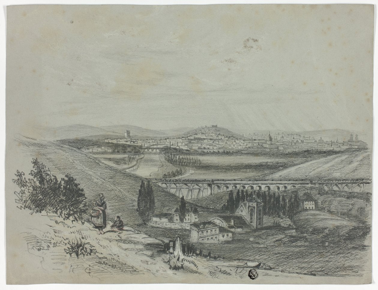 Panoramablick auf eine Eisenbahnbrücke und Stadt von Unknown artist