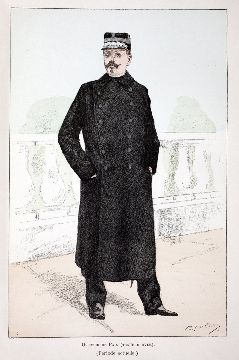 Friedensoffizier, Winterkleidung (Lepine-Periode). Farbradierung zur Illustration „Histoire du corps des gardiens de la paix“, Buch veröffentlicht unter der Schirmherrschaft von Louis Lepine (1846-1933), Polizeipräfekt der Seine, von Alfred Rey (1864-?) un von Unknown artist