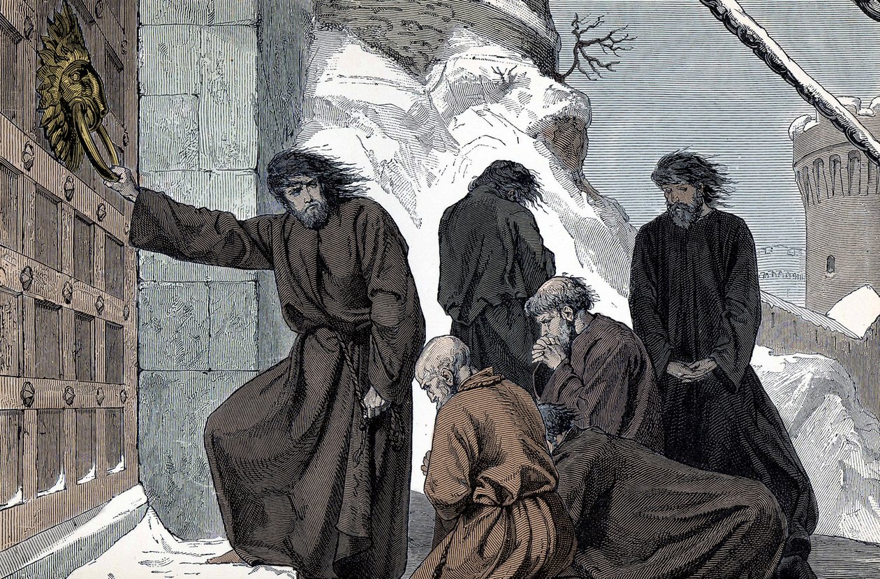 Buße von Heinrich IV. von Deutschland in Canossa - Der deutsche Kaiser Heinrich IV. (1050 - 1106) in Canossa (Die Buße des Heiligen Römischen Kaisers Heinrich IV., Canossa, Italien, Januar 1077. Heinrich steht barfuß im Schnee und trägt ein Bußgewand, um P von Unknown artist