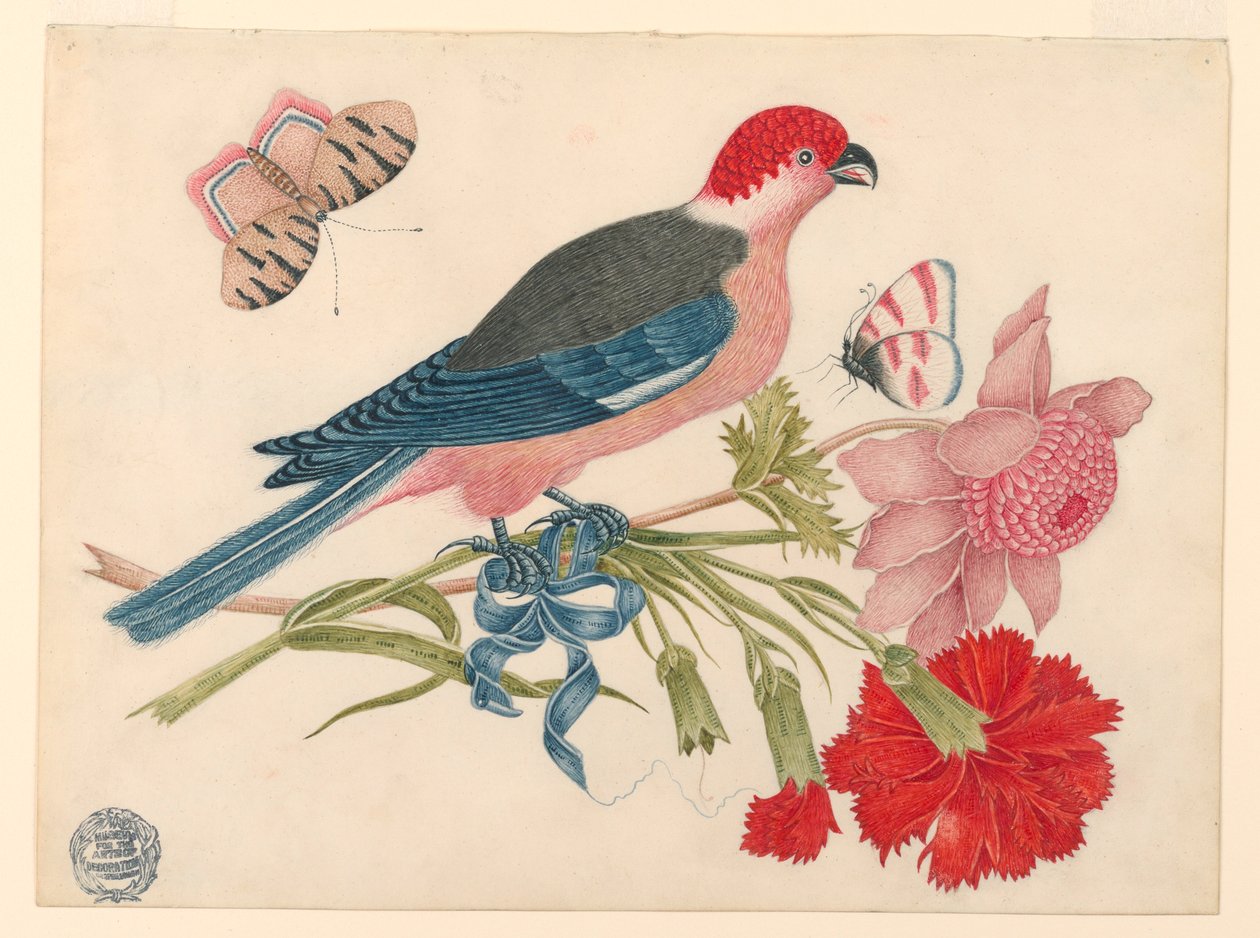 Rosa, roter, blauer und schwarzer Vogel auf Zweig mit Blüten und Schmetterlingen von Unknown artist