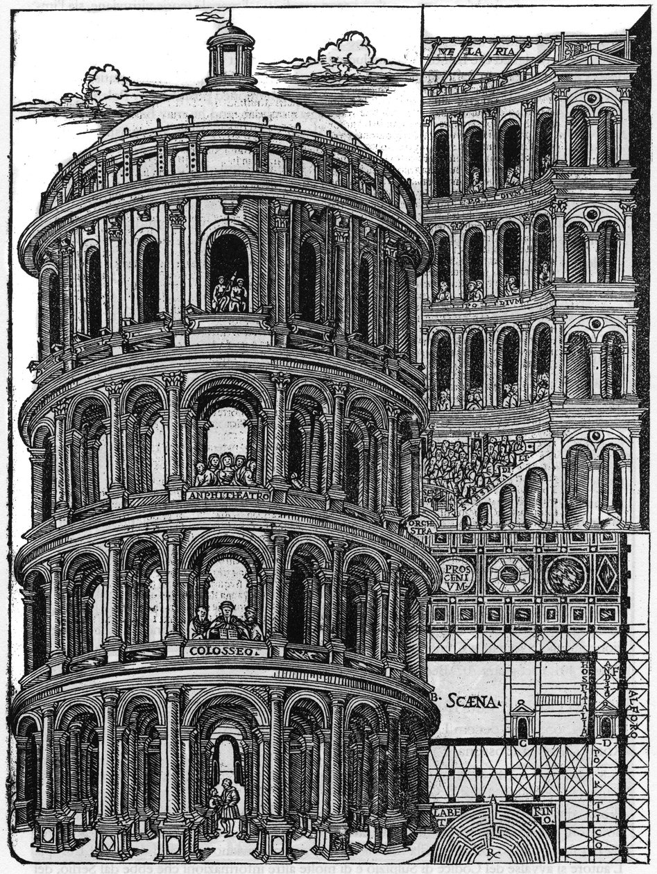 Tafel aus dem Buch „De architectura“, behandelt die Architektur von Marcus Vitrubius Pollio genannt Vitruv (1. Jahrhundert v. Chr.), römischer Architekt. Italienische Ausgabe von Gianbaptista Caporali di Perugia 1536 von Unknown artist