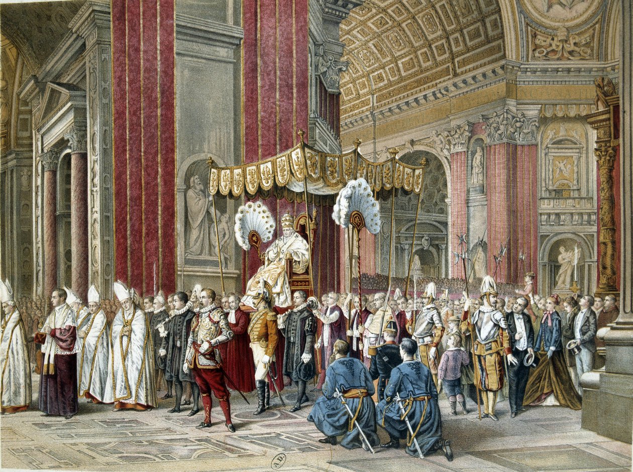 Papst Pius IX. (1792-1846) ging zur Eröffnungszeremonie am 08.12.1869 des ersten Vatikanischen Konzils in der Petersbasilika. Es ist auf der Sedia Gestatoria. Illustration der Zeit. von Unknown artist