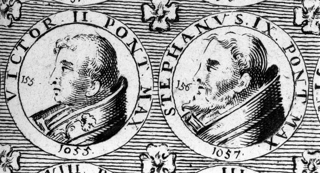 Päpste Viktor II. (gestorben 1057) und Stephan IX. (gestorben 1058). Gravur aus dem 18. Jahrhundert von Unknown artist