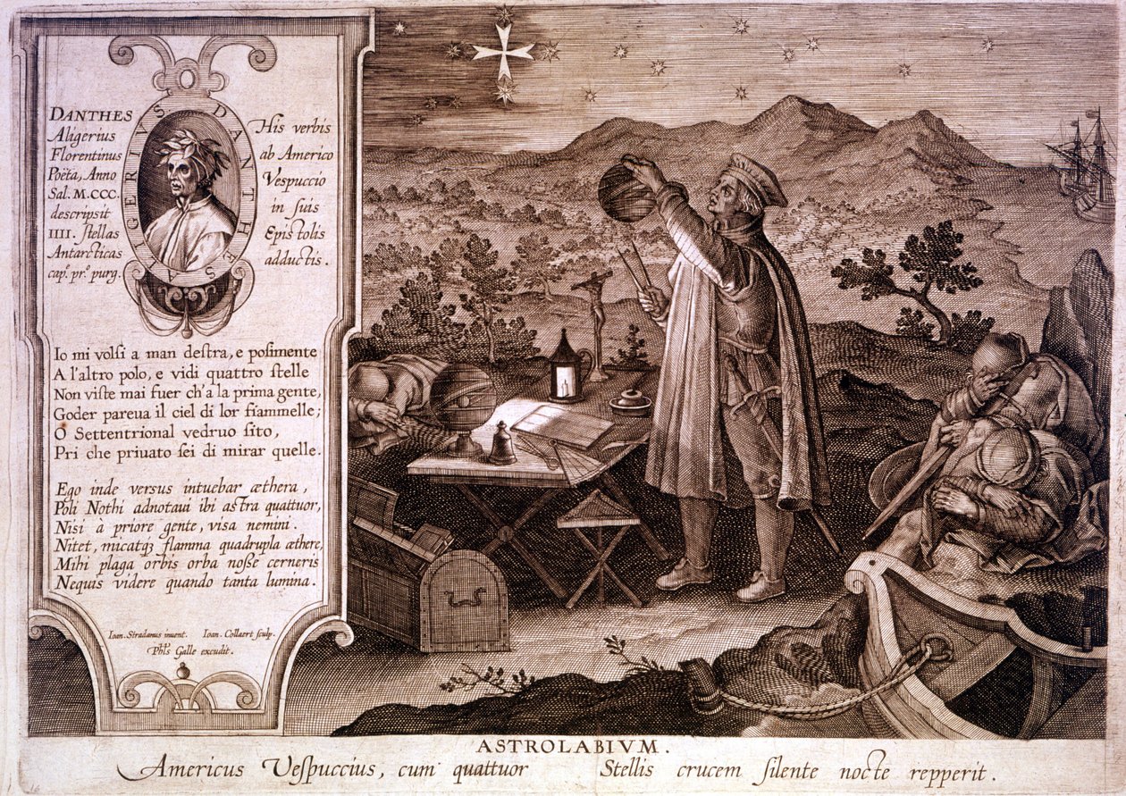 Porträt von Amerigo Vespucci (1454 - 1512), italienischer Navigator, dargestellt bei der Benutzung eines Astrolabiums. In einem Kasten links ist ein Porträt von Dante Alighieri sowie ein Auszug aus dem ersten Gesang des Purgatoriums der Göttlichen Komödie. von Unknown artist