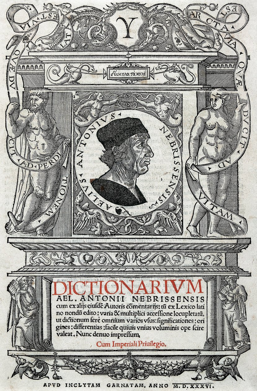 Porträt von Antonio Martinez de Cala genannt Antonio de Nebrija (1441-1522) spanischer Humanist und Grammatiker. Schutzseite seines Wörterbuchs, veröffentlicht 1536. Nationalbibliothek von Madrid. von Unknown artist