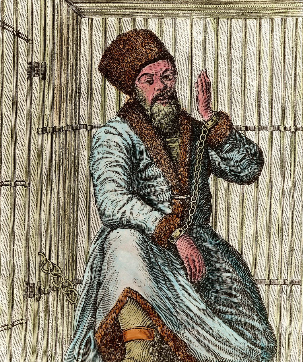 Porträt von Emelian Ivanovich Pugachev (Jemeljan oder Emilian Pugachev) (1742-1775), Kosakenführer während des russischen Bauernkrieges von 1773-1775 (Jacquerie der Jaik-Kosaken), in seinem Käfig eingesperrt und zeigt dem Volk von Unknown artist