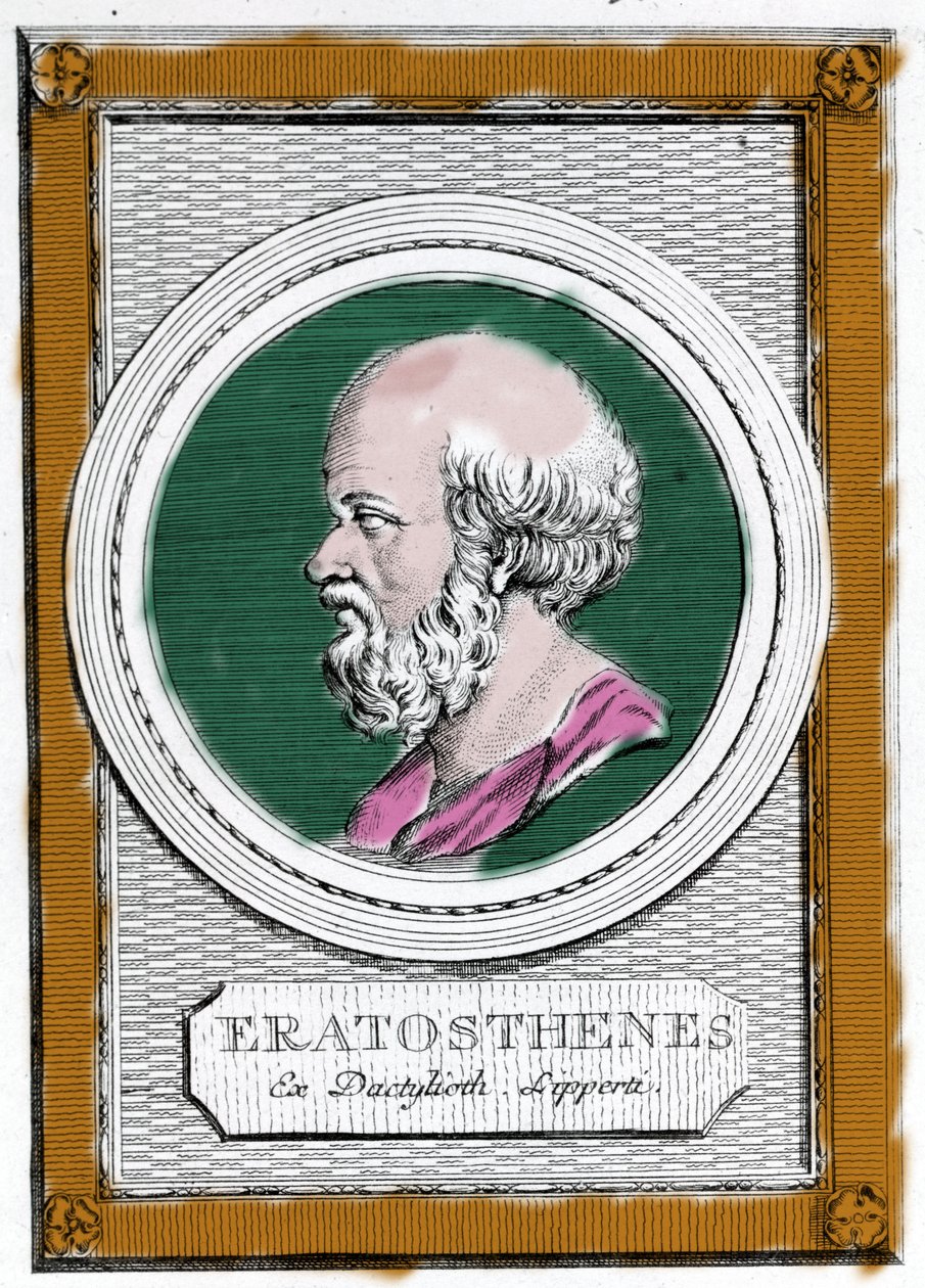 Porträt von Eratosthenes von Kyrene (ca. 284 v. Chr. - 194 v. Chr.), griechischer Wissenschaftler, Geograph und Dichter. Er war Direktor der Bibliothek von Alexandria und berechnete die Länge des Erdmeridians. Porträt aus: „Galleria degli antichi greci e r von Unknown artist