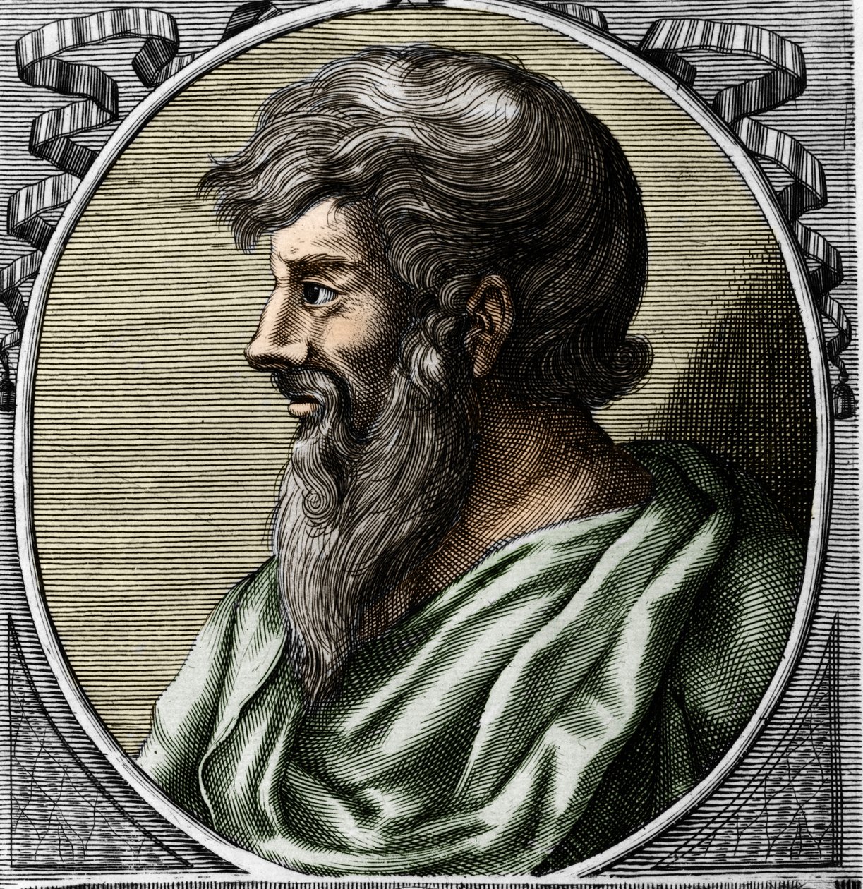 Porträt von Pythagoras (ca. 570 - ca. 480 v. Chr.), griechischer Mathematiker und Philosoph. Gravur aus dem 18. Jahrhundert von Unknown artist