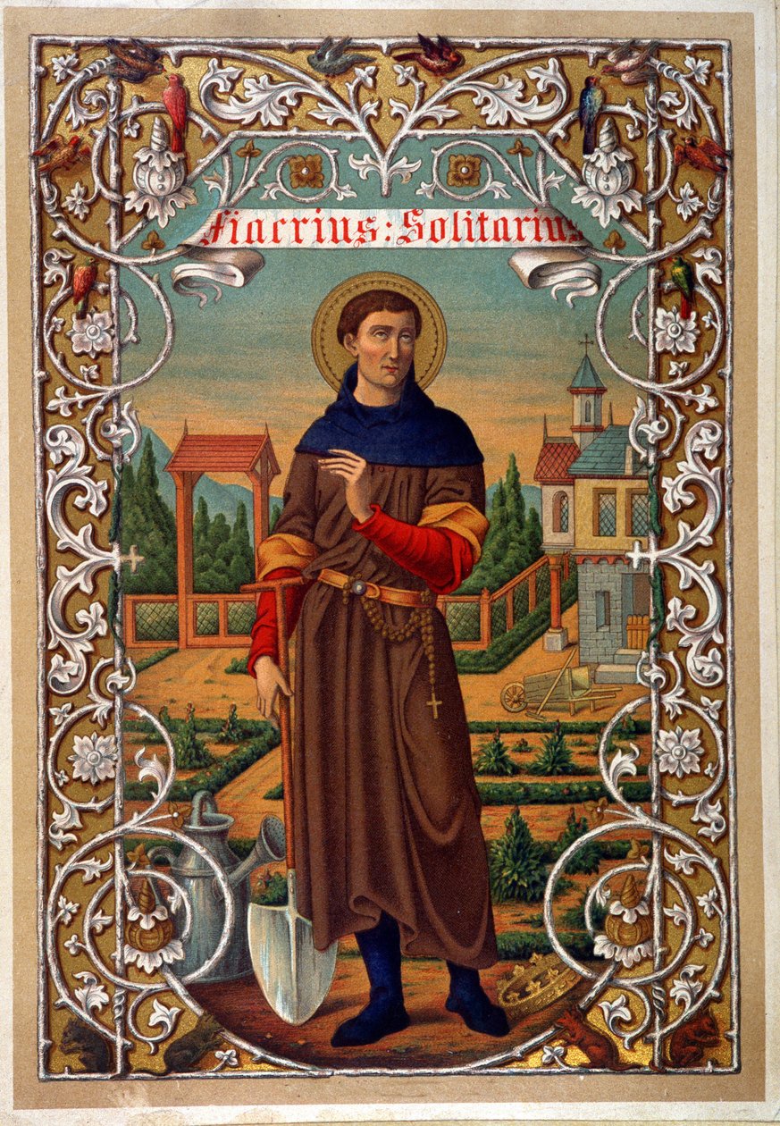 Porträt des Heiligen Fiacre (Gärtner, Einsiedelei bei Meaux), Buch n.d. 19. Jahrhundert von Unknown artist