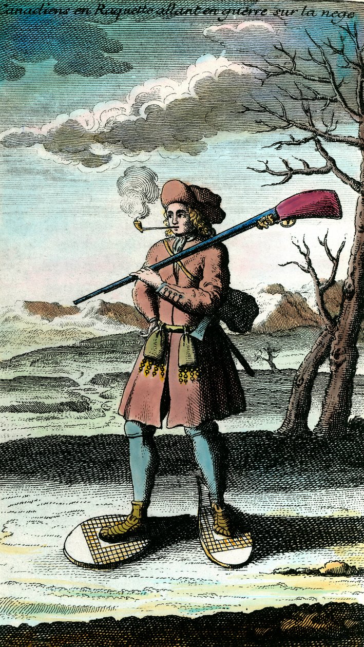 Porträt eines Kanadiers in Schneeschuhen im Schnee auf dem Weg zum Krieg (18. Jahrhundert) von Unknown artist