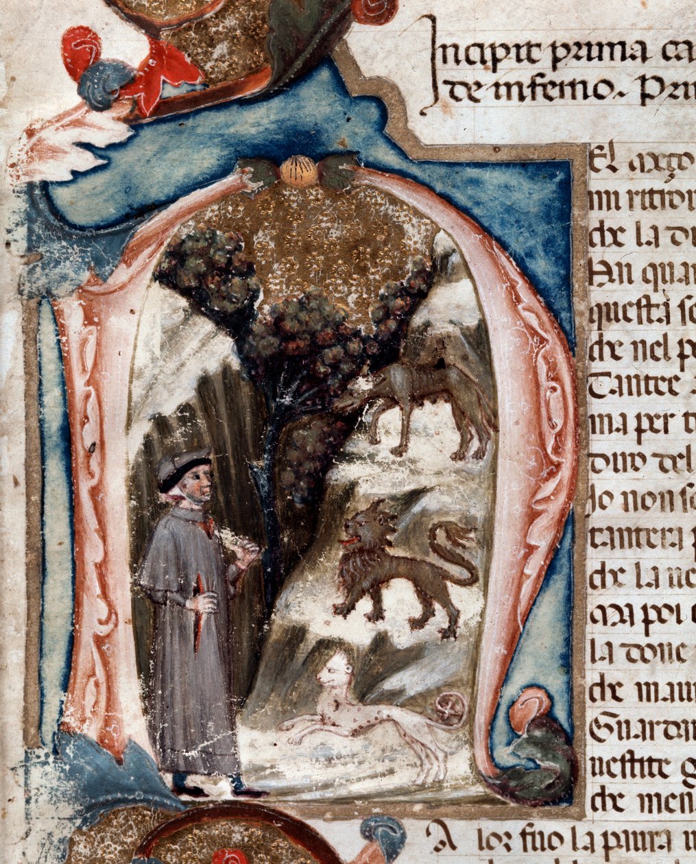 Porträt des italienischen Dichters Dante Alighieri mit Bestien - Miniatur von Unknown artist