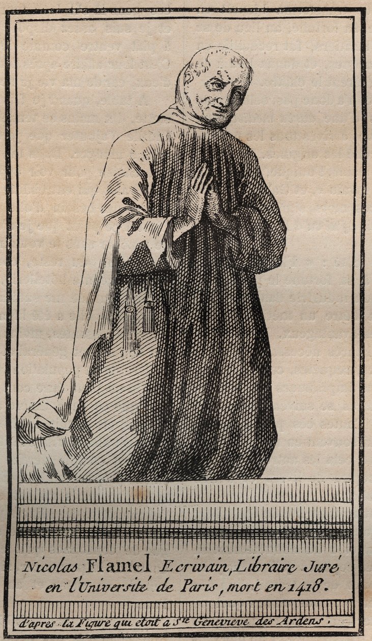 Porträt des französischen Alchemisten Nicolas Flamel (1330-1418) - Gravur - Porträt des englischen Alchemisten Nicolas Flamel - Gravur Privatsammlung von Unknown artist