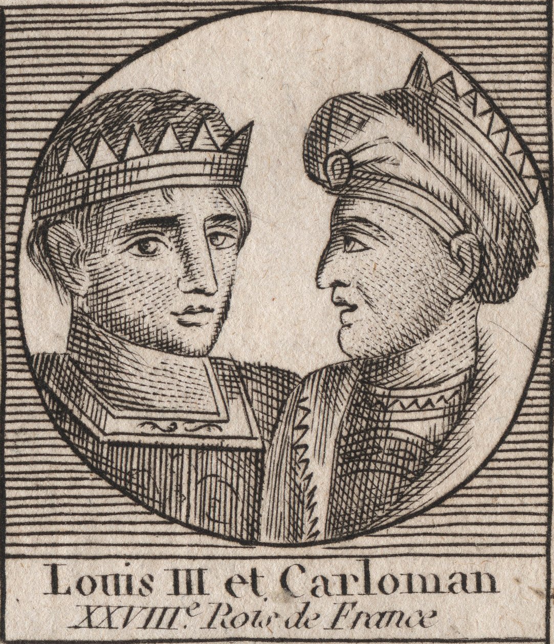 Porträts von Ludwig III. (863/65-882), König der Franken zwischen 879 und 882, und Karlmann II. (866-884), König der Franken von 879 bis 884 - Gravur aus 