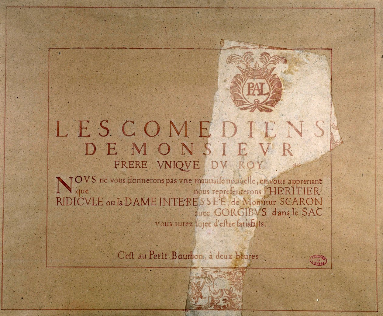 Plakat der Theatergesellschaft „Les comediens de Monsieur“, das die Aufführung von Paul Scarrons „L