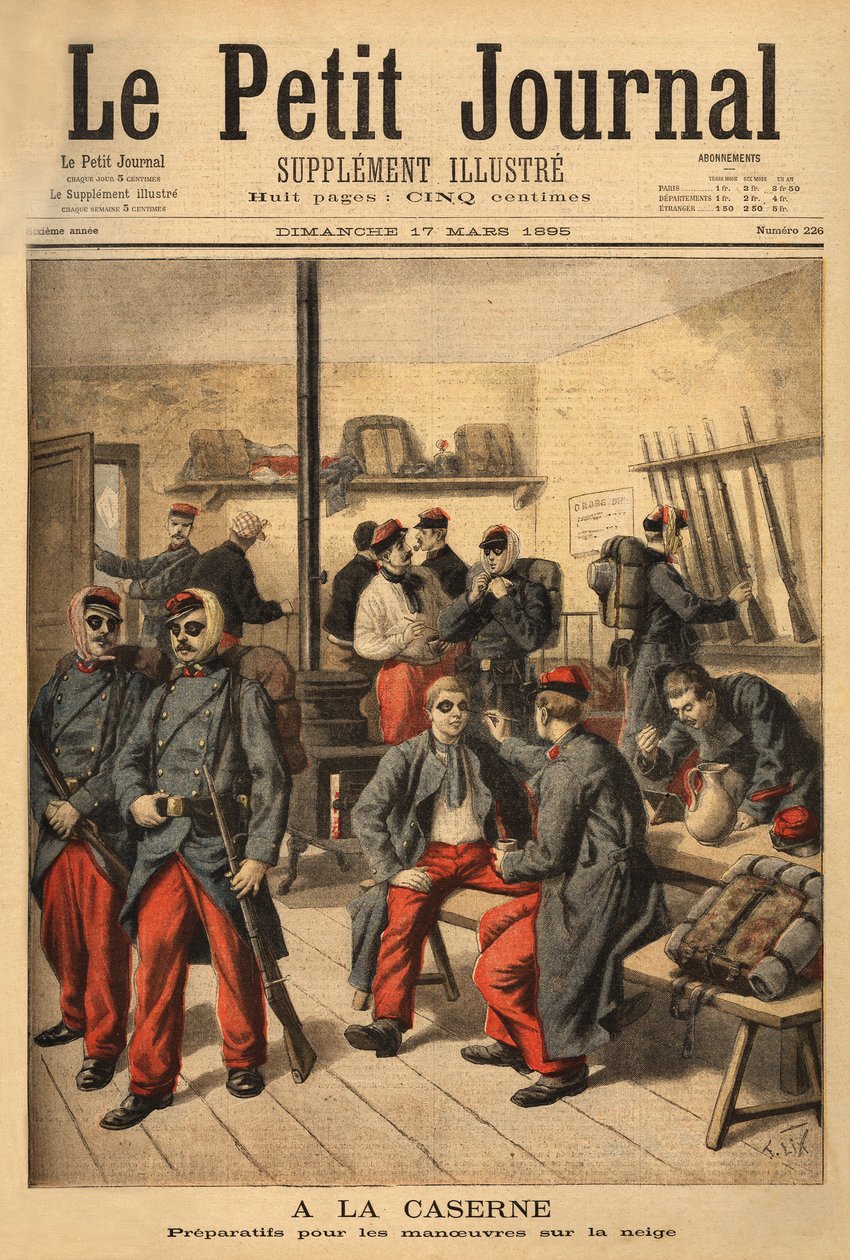 Vorbereitung auf Manöver im Schnee, anstatt Brillen mit Rauchgläsern zu tragen, sind die Soldaten von schwarzem Ruß umgeben. Gravur in „Le petit journal“ 17/03/1895. Sammlung Selva. von Unknown artist
