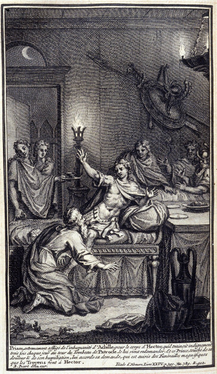 Priamos, äußerst betrübt über die Unmenschlichkeit des Achilles, wegen Hektors Leiche, die er jeden Tag dreimal um das Grab von Patroklos schleifte, kommt, um ihn erneut zu bitten. Und dieser Prinz, gerührt von seinem Schmerz und seiner Demütigung, gewährt von Unknown artist