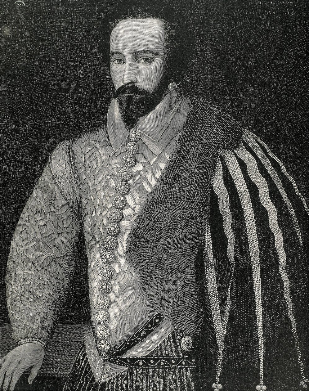 Raleigh, Sir Walter (1554-1618). Englischer Seefahrer, Entdecker und Makler. Porträt von Sir Walter Raleigh. Graviert 1891, ausgeführt nach einem anonymen Original, das in der National Portrait Gallery von London aufbewahrt wird. von Unknown artist