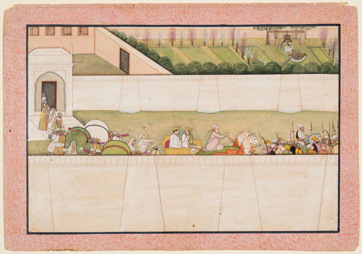 Ramas Brüder Bharata und Shatrughna verlassen Ayodhya, um Rama und Lakshmana im Wald zu finden und ihnen vom Tod ihres Vaters Dasharatha zu berichten von Unknown artist